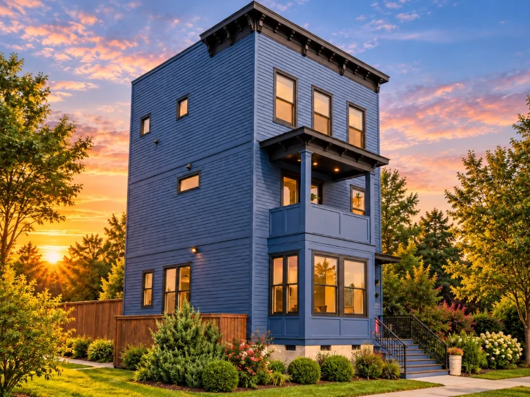 Contemporary House Plans 13 Front exterior view of an urban contemporary narrow lot home featuring horizontal siding, stacked balconies, and a clean modern façade