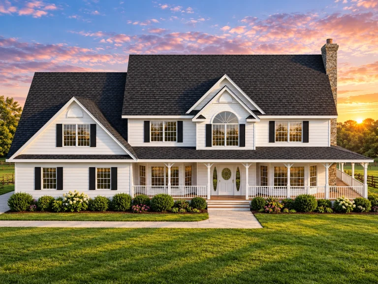 Front elevation of a Traditional Colonial style home with horizontal siding, centered entry, shutters, and a full-width covered porch
