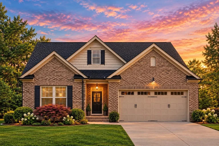Front elevation of a traditional brick ranch style home with symmetrical gables, paneled garage doors, and landscaped suburban setting