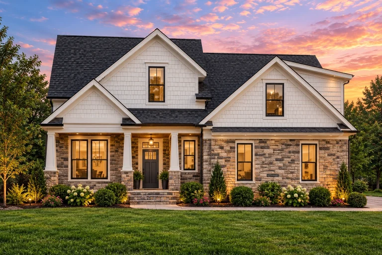 Craftsman House Plans 23 Front elevation of a New American farmhouse style home with horizontal siding, stone accents, and a symmetrical gabled roofline