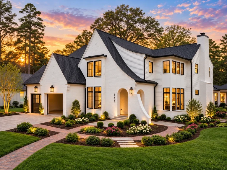 Contemporary House Plans 16 Front elevation of a French Country style house featuring white stucco exterior, steep dark rooflines, tall windows, and refined European detailing