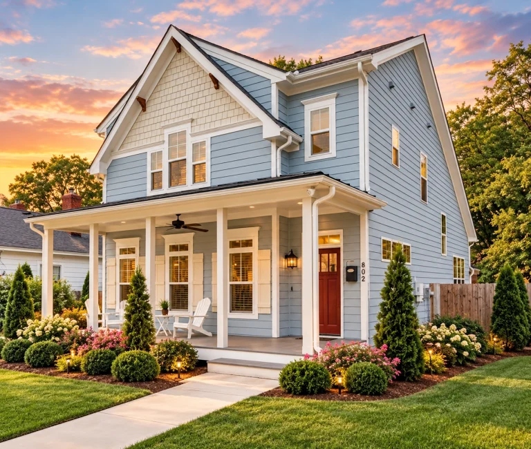 House Plans with Recreation Room 15 Front elevation of Modern Farmhouse style home with white horizontal lap siding, wraparound covered porch, and red entry door