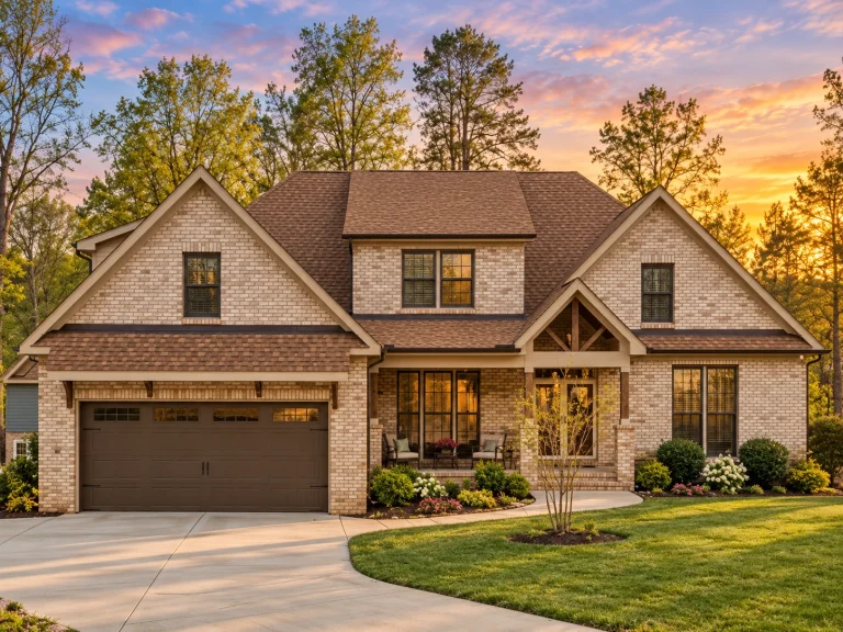 Front exterior view of a Traditional Craftsman suburban home featuring full brick facade, gabled rooflines, covered porch, and attached two-car garage