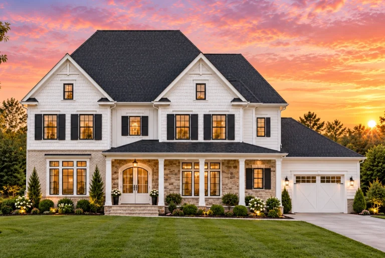 Front elevation of a Modern Farmhouse style home featuring white horizontal siding, stone accents, large windows, and a welcoming covered porch