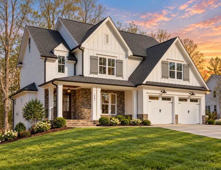 Contemporary House Plans 22 Front elevation of a Modern Farmhouse style home featuring white board and batten siding, black shutters, gabled rooflines, and a welcoming covered front porch