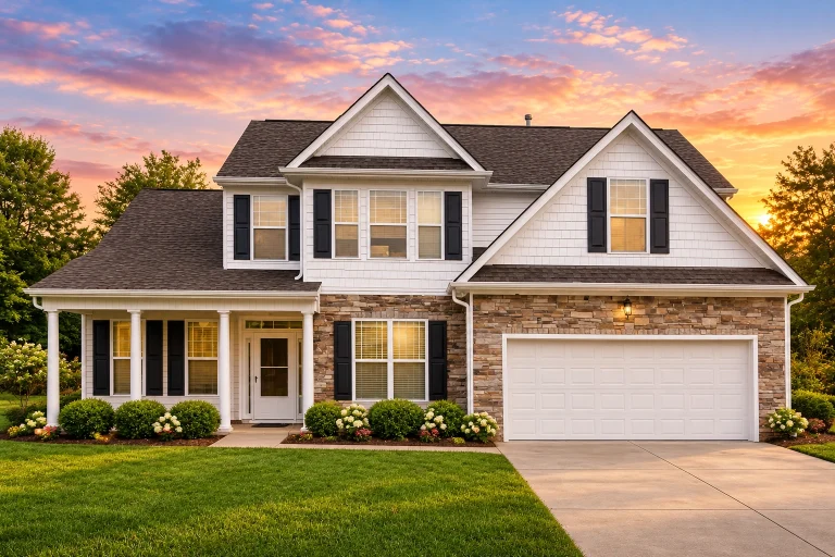 House Plans with Recreation Room 10 Front elevation of a Traditional Colonial style home featuring brick exterior, horizontal siding, black shutters, and a two-car garage