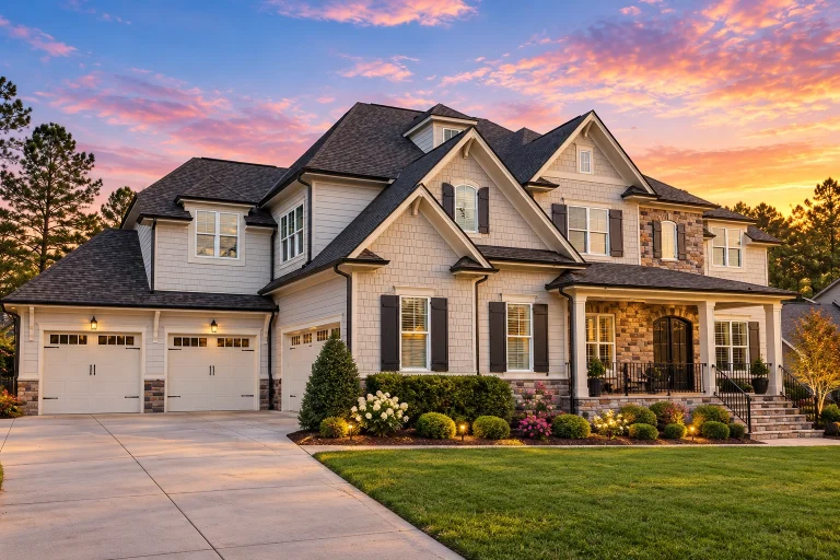 House Plans with Recreation Room 7 Front elevation of a luxury Traditional Colonial style home featuring brick and stone exterior, symmetrical windows, dormers, and a side-entry garage