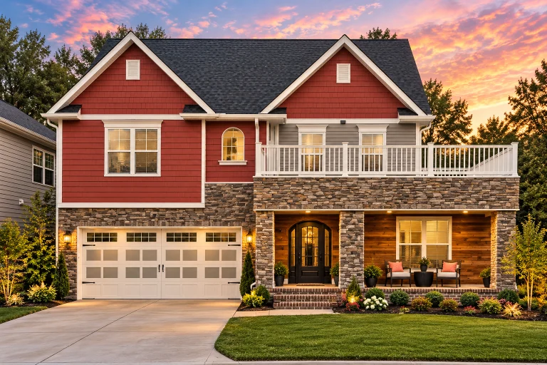 Front elevation of a New American Modern Traditional style home featuring stone accents, horizontal siding, balcony porch, and two-story design