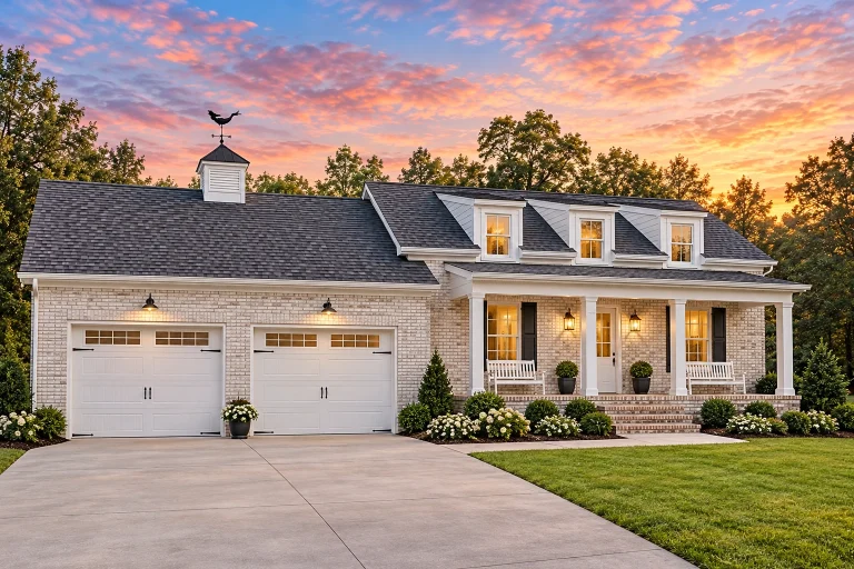 Front elevation of Cape Cod coastal traditional home with clapboard siding, dormer windows, covered porch, and attached garage