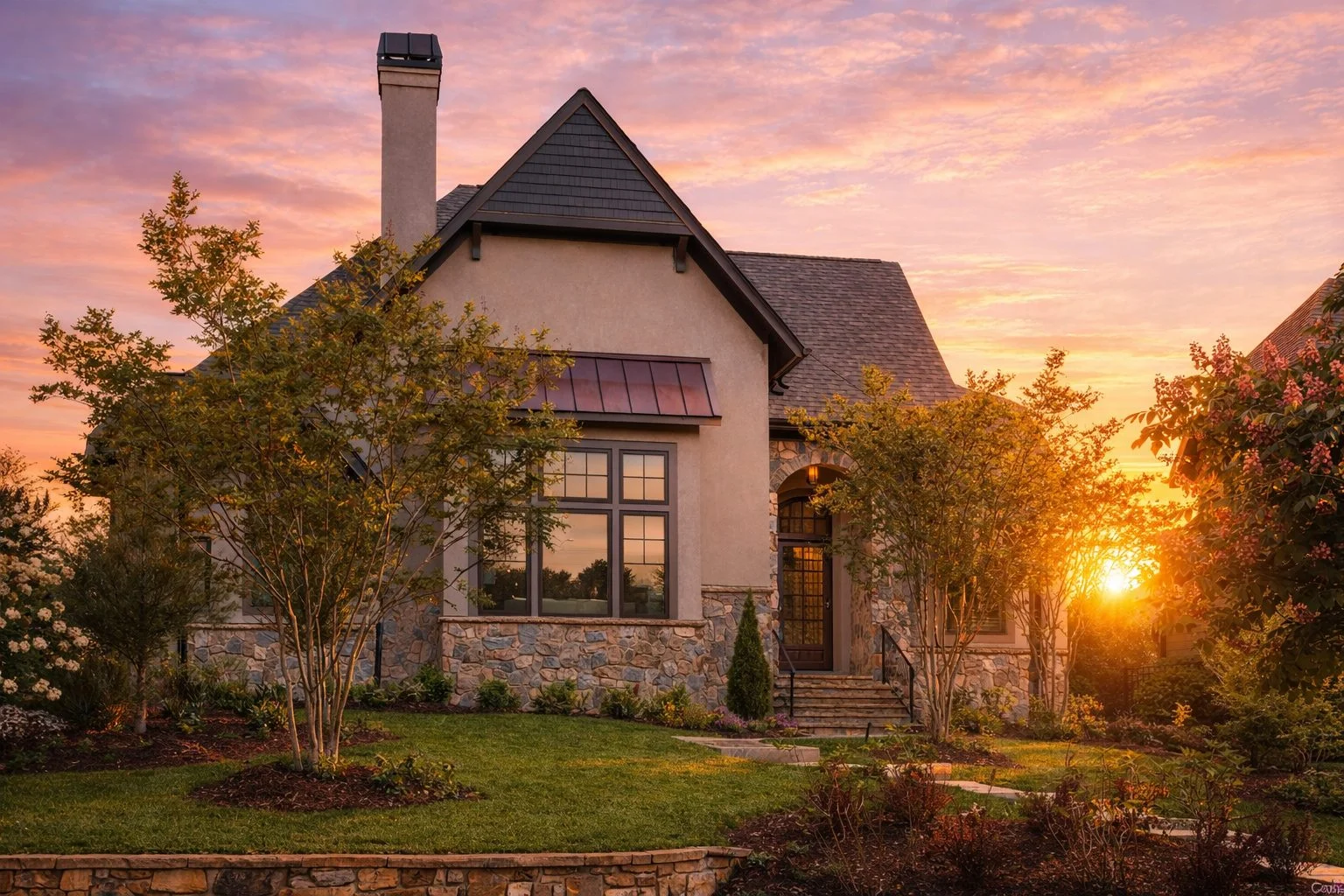 Front elevation of Modern Farmhouse style home with white board and batten siding, stone veneer base, gabled roof, and covered entry