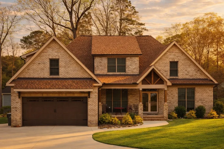 Front exterior view of a Traditional Craftsman suburban home featuring full brick facade, gabled rooflines, covered porch, and attached two-car garage