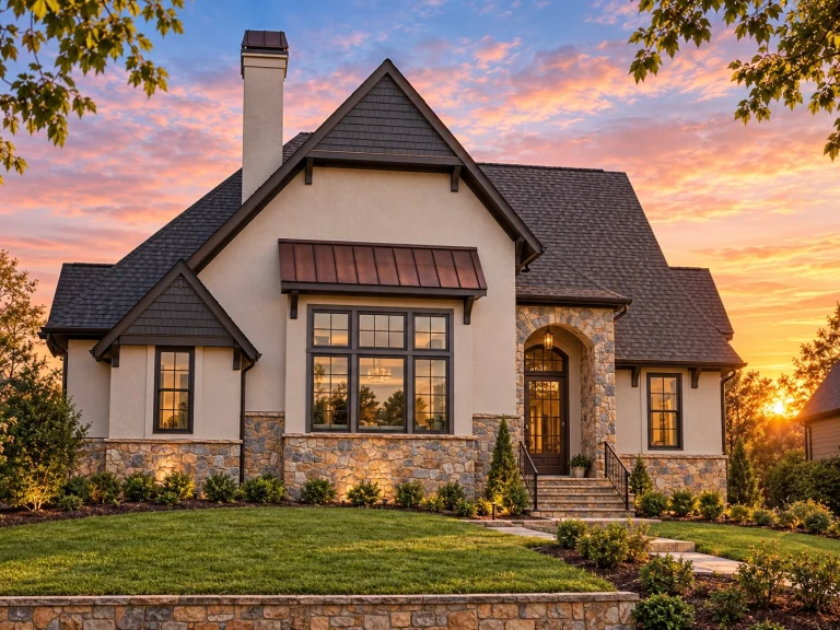 Front elevation of Modern Farmhouse style home with white board and batten siding, stone veneer base, gabled roof, and covered entry