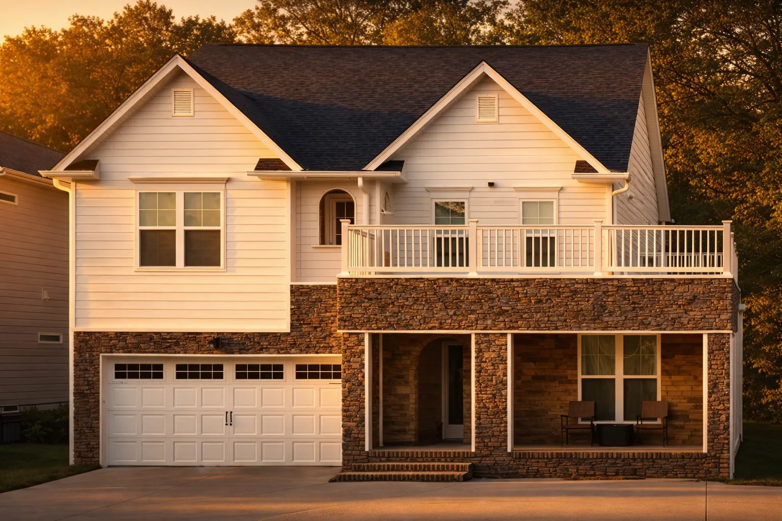 Front elevation of a New American Modern Traditional style home featuring stone accents, horizontal siding, balcony porch, and two-story design