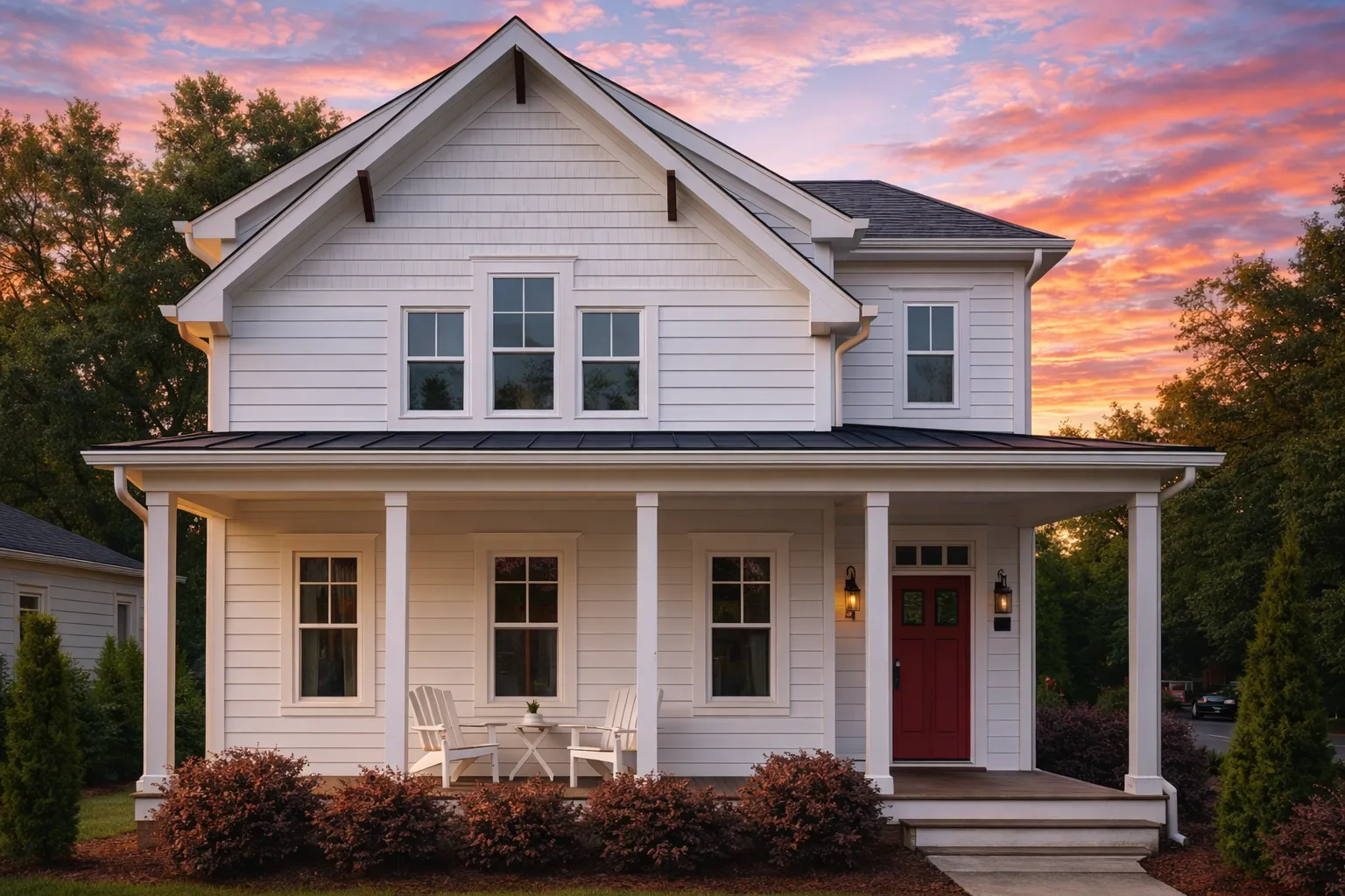 Front elevation of Modern Farmhouse style home with white horizontal lap siding, wraparound covered porch, and red entry door