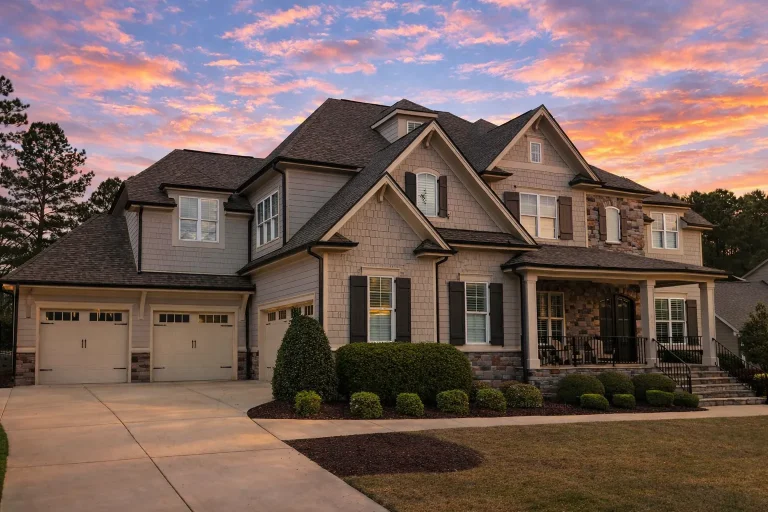 Front elevation of a luxury Traditional Colonial style home featuring brick and stone exterior, symmetrical windows, dormers, and a side-entry garage