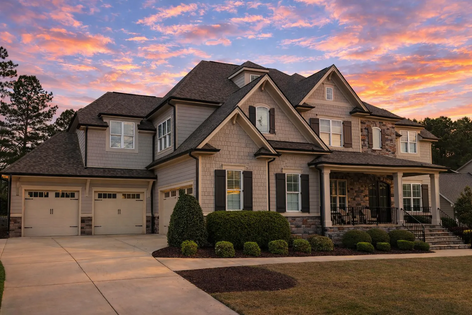 5 Bedroom House Plans 7 Front elevation of a luxury Traditional Colonial style home featuring brick and stone exterior, symmetrical windows, dormers, and a side-entry garage