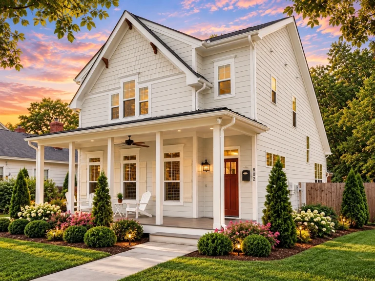 Front elevation of Modern Farmhouse style home with white horizontal lap siding, wraparound covered porch, and red entry door