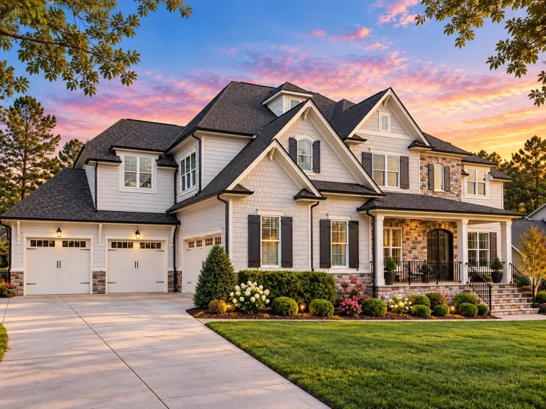 Modern Suburban House Plans 4 Front elevation of a luxury Traditional Colonial style home featuring brick and stone exterior, symmetrical windows, dormers, and a side-entry garage