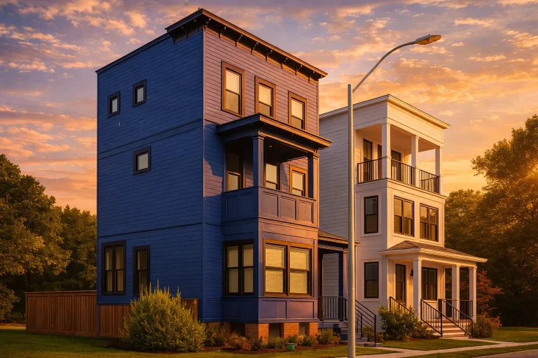 Front exterior view of an urban contemporary narrow lot home featuring horizontal siding, stacked balconies, and a clean modern façade