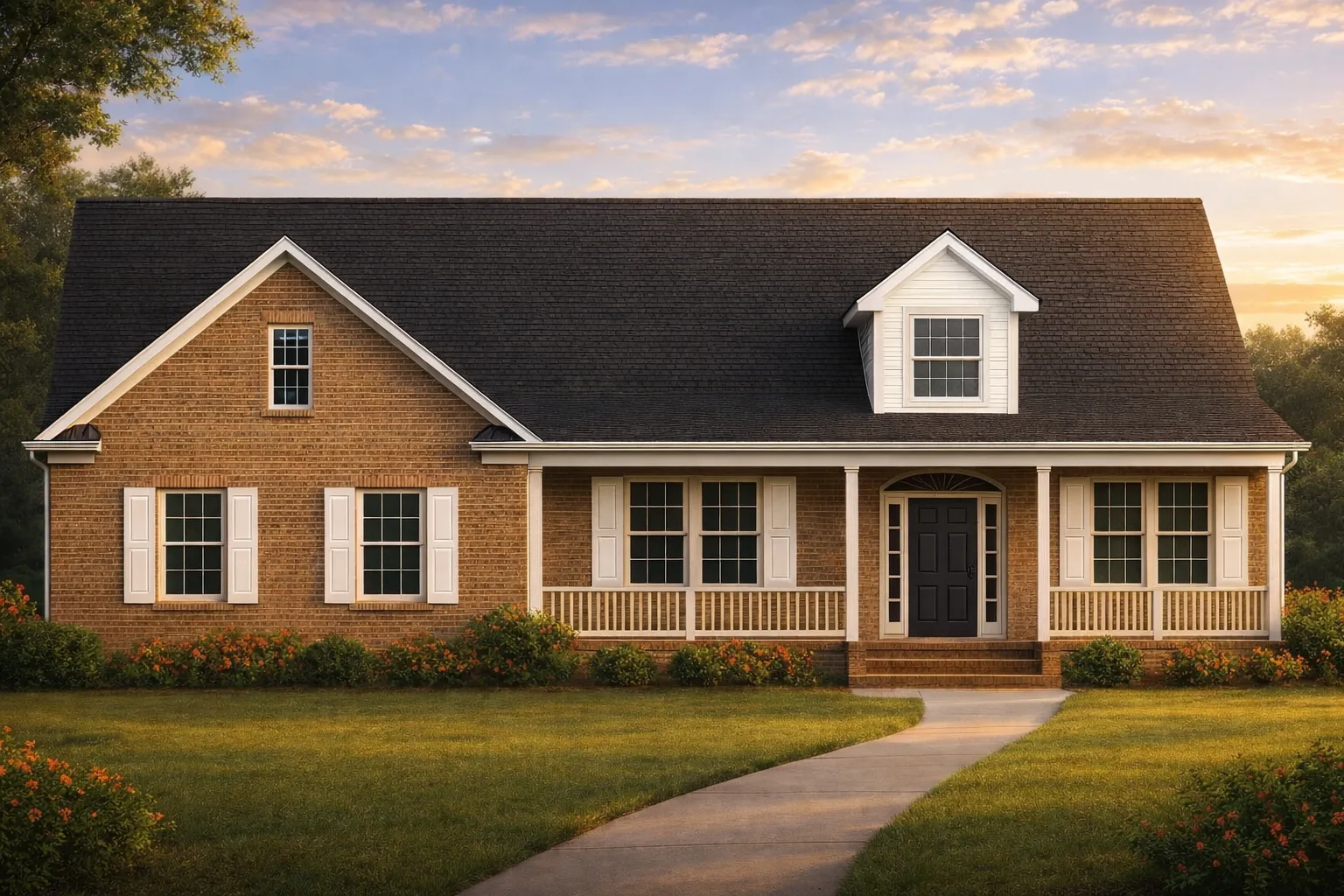 Front view of a Traditional Ranch style home with Colonial influences featuring a full brick exterior, symmetrical windows with shutters, and a covered front porch.