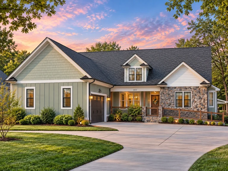 Front elevation of a Cape Cod style home with horizontal siding, brick foundation, symmetrical windows, and central entry