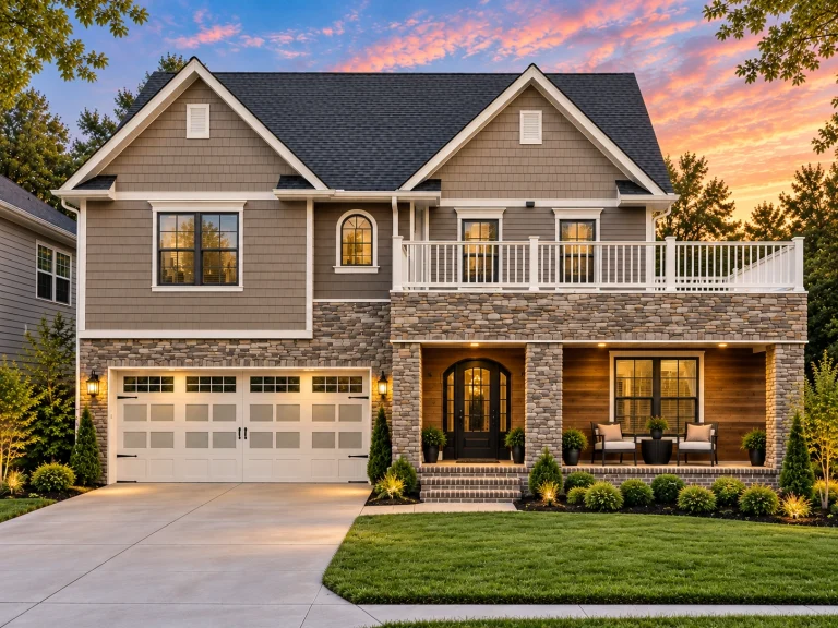 Front elevation of a New American Modern Traditional style home featuring stone accents, horizontal siding, balcony porch, and two-story design