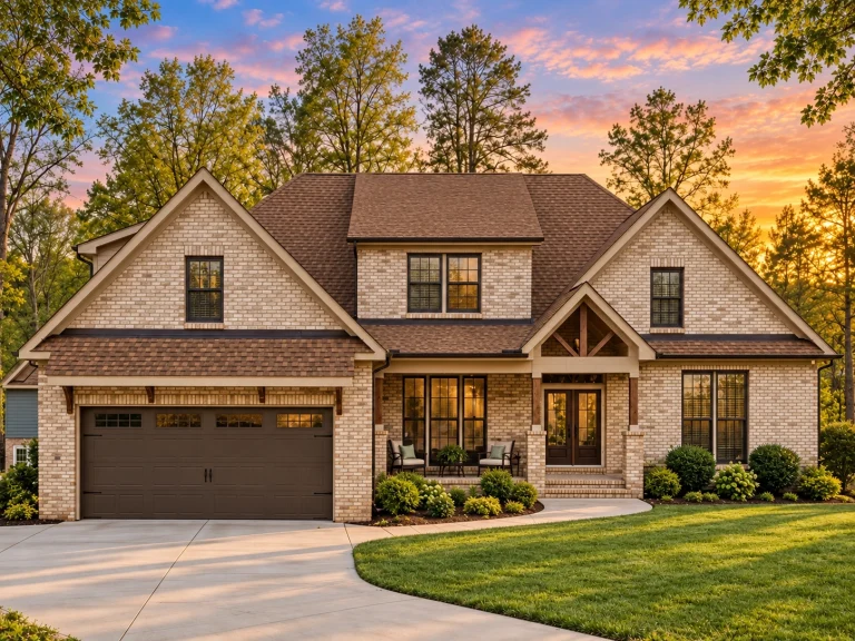 Front exterior view of a Traditional Craftsman suburban home featuring full brick facade, gabled rooflines, covered porch, and attached two-car garage