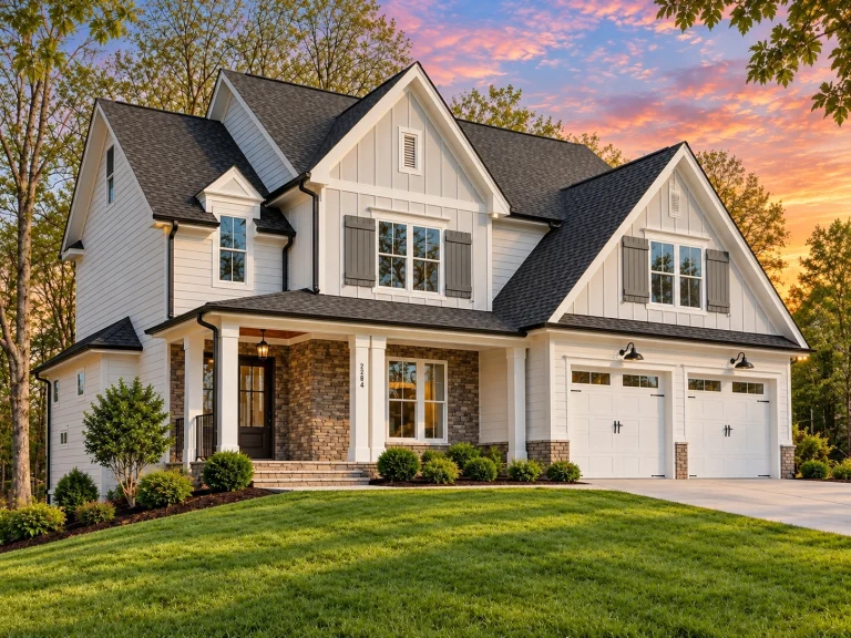 Ranch House Plans 22 Front elevation of a Modern Farmhouse style home featuring white board and batten siding, black shutters, gabled rooflines, and a welcoming covered front porch