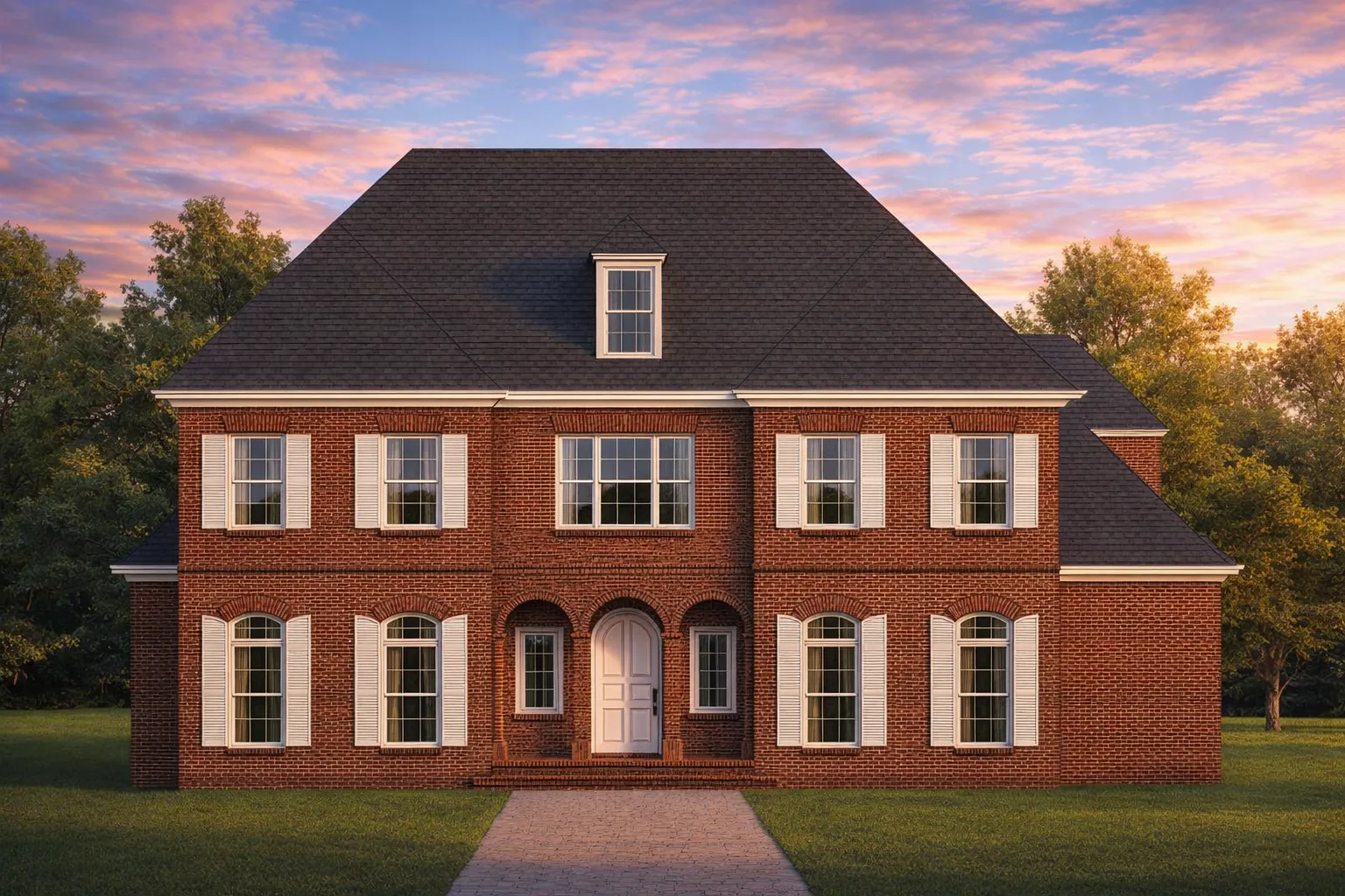 Front elevation of a Georgian Colonial style brick house with symmetrical windows, shuttered detailing, and arched front porch entry