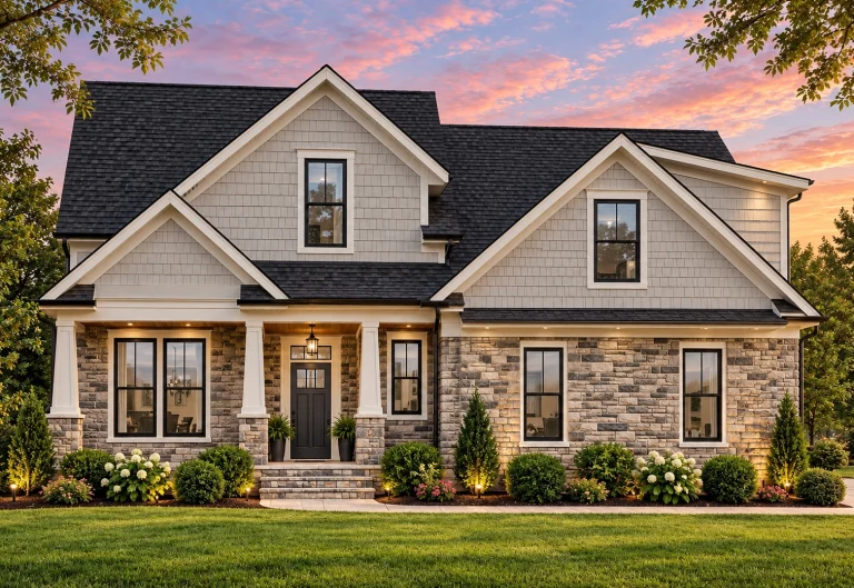 Front elevation of a New American farmhouse style home with horizontal siding, stone accents, and a symmetrical gabled roofline