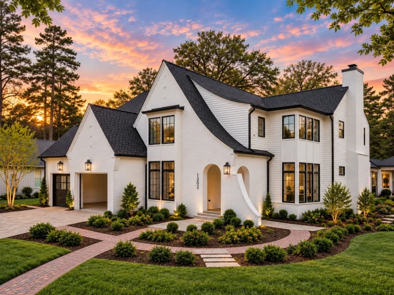 House Plans with Terrace 16 Front elevation of a French Country style house featuring white stucco exterior, steep dark rooflines, tall windows, and refined European detailing