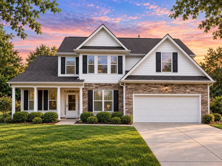House Plans with Functional Layout 5 Front elevation of a Traditional Colonial style home featuring brick exterior, horizontal siding, black shutters, and a two-car garage