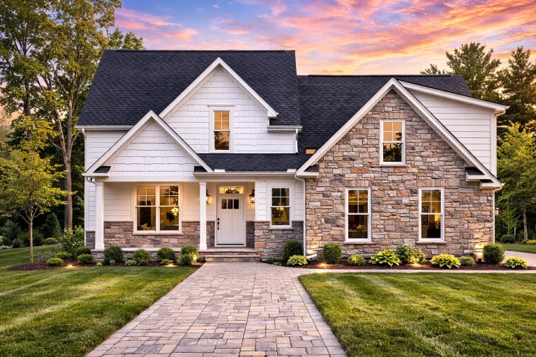 Front elevation of a New American farmhouse style home with horizontal siding, stone accents, and a symmetrical gabled roofline