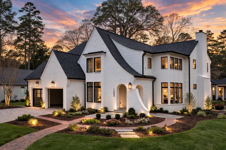 Front elevation of a French Country style house featuring white stucco exterior, steep dark rooflines, tall windows, and refined European detailing