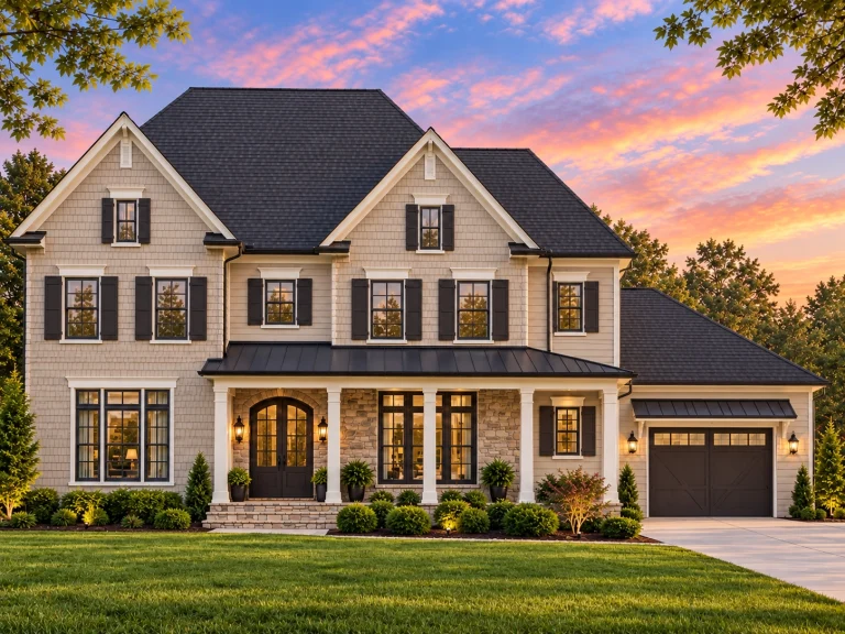 House Plans with Outdoor Kitchen 4 Front elevation of a Modern Farmhouse style home featuring white horizontal siding, stone accents, large windows, and a welcoming covered porch