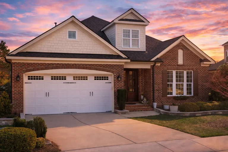 Front elevation of a New American style suburban house with brick exterior, horizontal siding, gabled rooflines, and a two-car front-entry garage