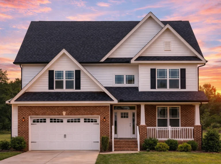 House Plans with Basement Garage 2 Front view of a two-story Traditional Craftsman style home featuring shake and lap siding, red shutters, and stone-accented porch columns