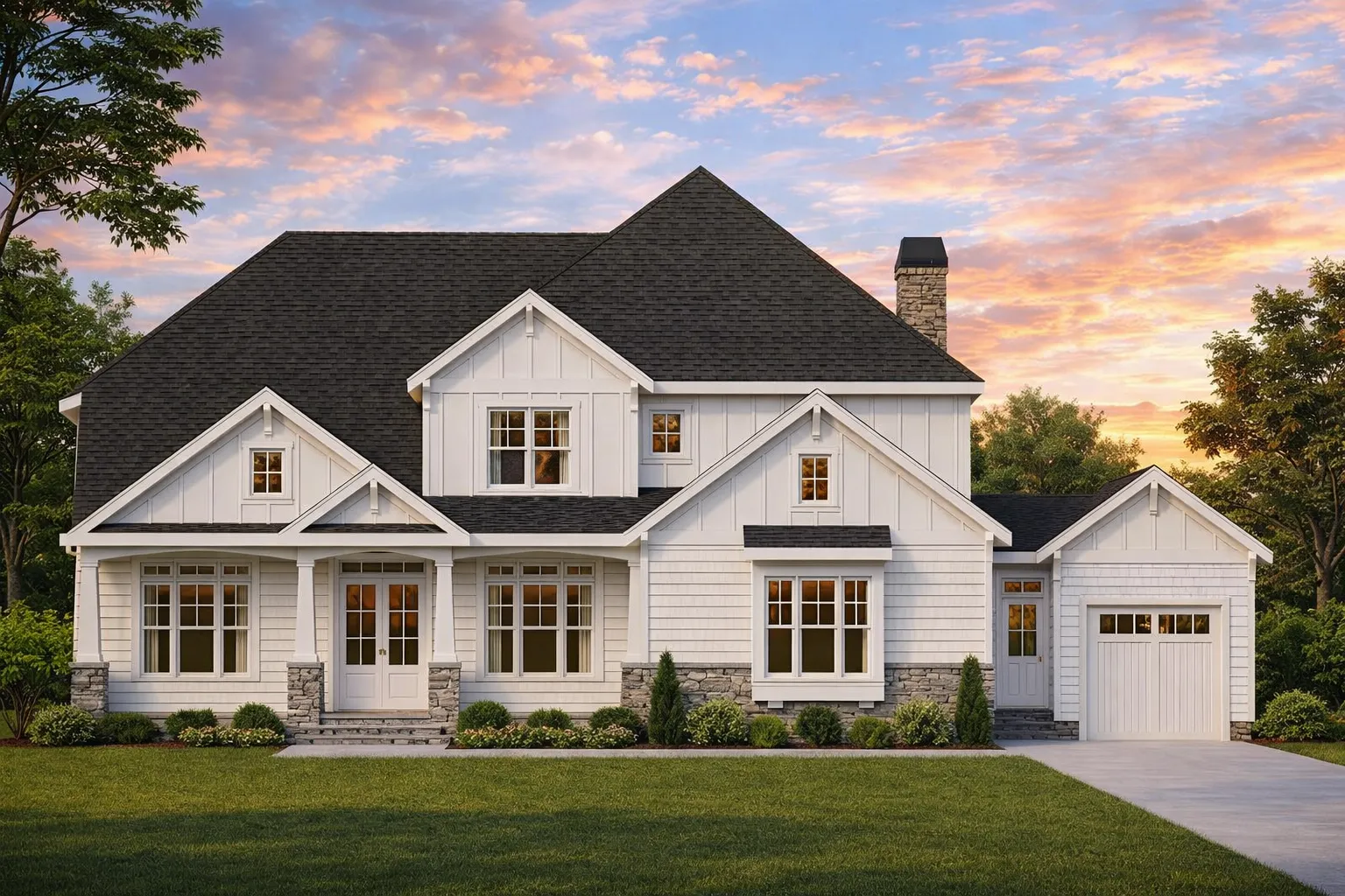 Front elevation of a New American modern traditional house with stone accents, horizontal siding, gabled rooflines, and side-entry garage