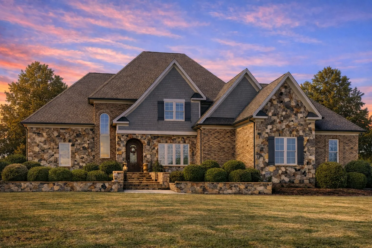Front view of a Traditional European style house with stone and horizontal siding, steep gable roofs, and manicured landscaping