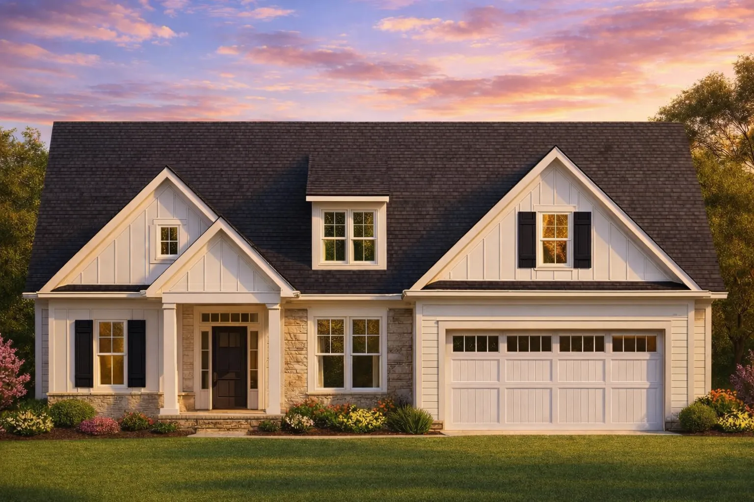 Modern farmhouse country style home plan with board and batten siding, yellow shutters, and front porch