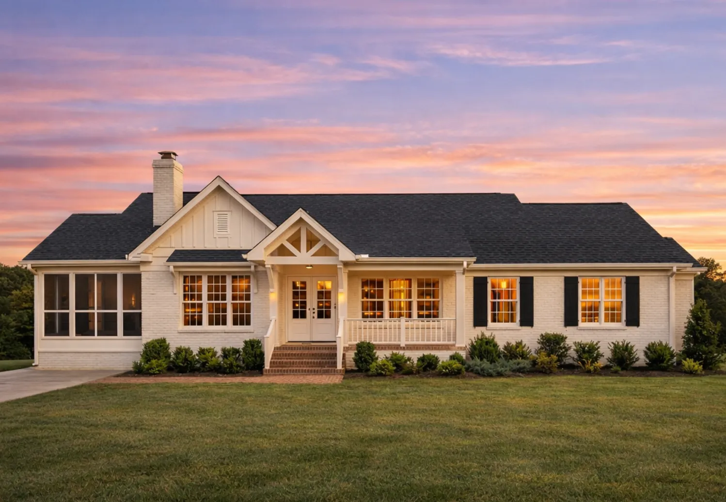 Front elevation of a Traditional Ranch home featuring stone accents, horizontal siding, and a welcoming covered porch