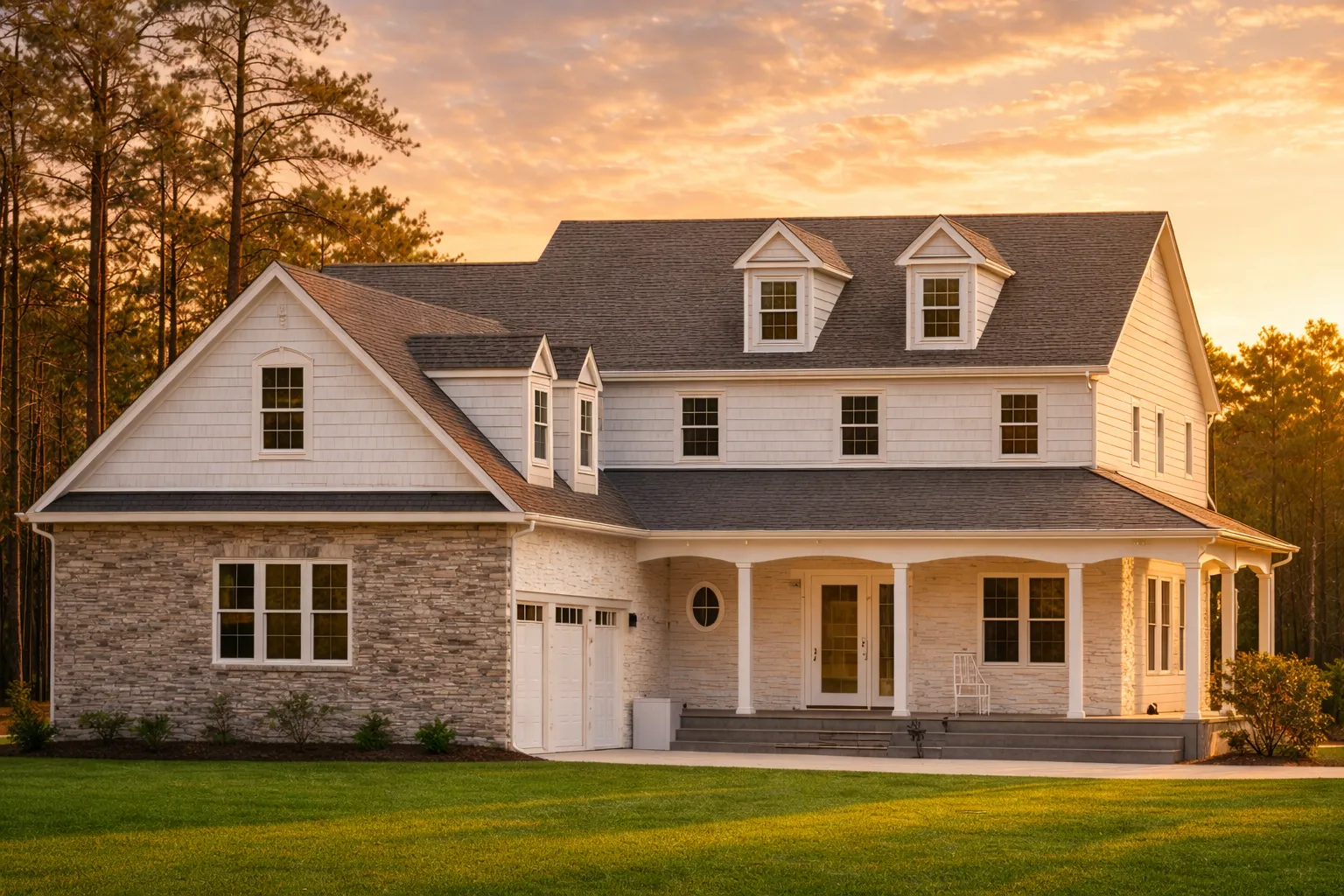 Front view of a Traditional Colonial style home featuring stone exterior, horizontal siding, and a classic covered front porch with dormers