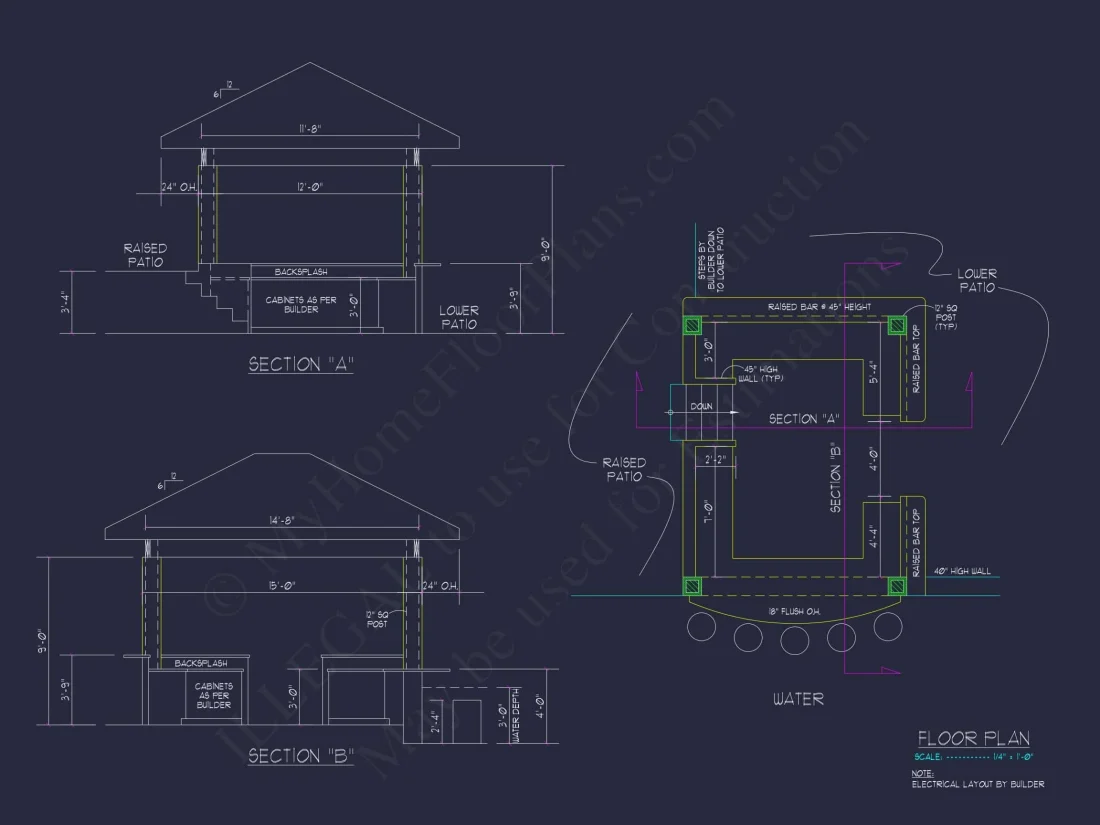 Pool Bar Pavilion Plan with Outdoor Kitchen & CAD Blueprints