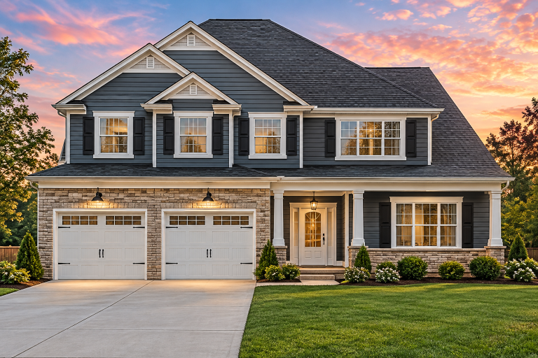 Front elevation of a Traditional Colonial two-story house with gray horizontal siding, white trim, and double garage