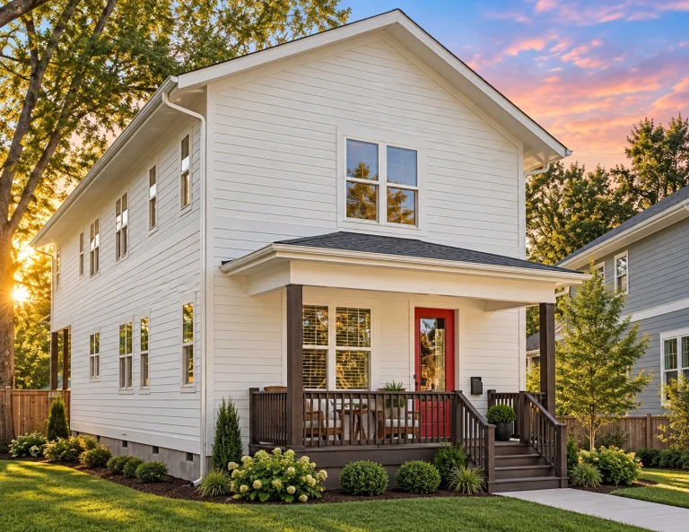 Contemporary House Plans 8 Modern Farmhouse style home with white horizontal siding, simple gable roof, covered front porch, and warm natural surroundings