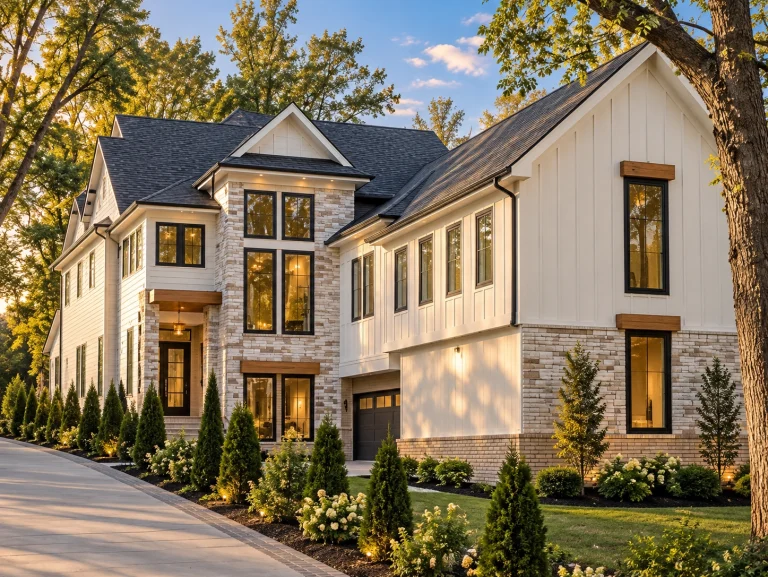Contemporary House Plans 11 Front exterior of a New American Modern Traditional house featuring brick masonry, board-and-batten siding, tall windows, and a refined suburban design