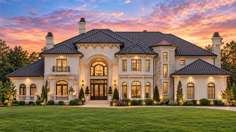 Front elevation of a luxury Mediterranean Neo-Classical home featuring a symmetrical façade, stucco exterior, arched windows, and clay tile roof