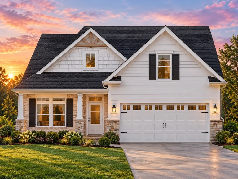 French Provincial House Plans 5 Front elevation of a New American style Craftsman home with horizontal lap siding, shingle accents, gabled rooflines, and a two-car garage