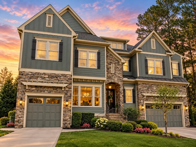 Front exterior view of a New American Craftsman style home featuring board and batten siding, stone accents, and a two-story suburban design