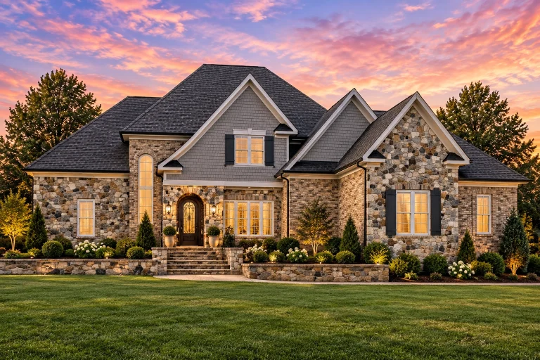 Large House Plans 5 Front view of a Traditional European style house with stone and horizontal siding, steep gable roofs, and manicured landscaping